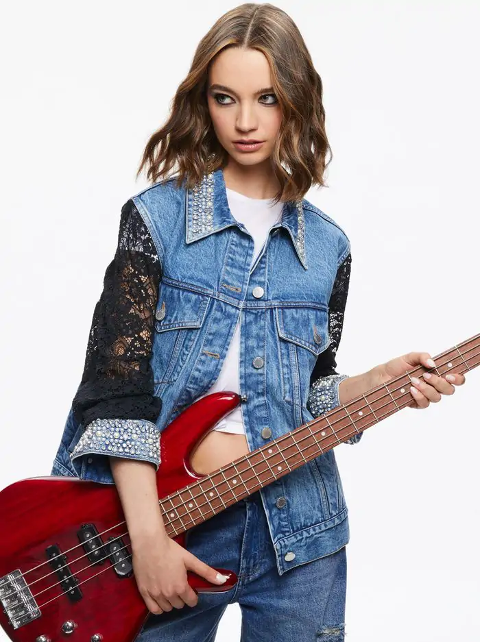 JEFF EMBELLISHED LACE SLEEVE DENIM JACKET